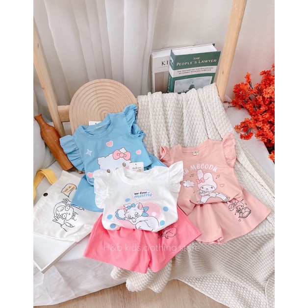 Bộ quần áo bé gái - Bộ cotton áo cánh tiên in hình mèo kitty siêu xinh cho bé từ 1-5T (9-20kg)