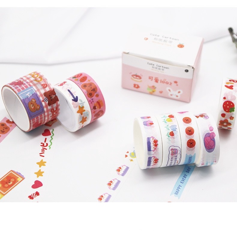 Hộp 4 Cuộn Băng Dính Trang Trí Washi Gấu Thỏ Dễ Thương