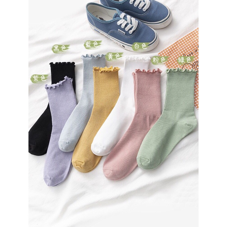 Tất vớ cổ cao bèo nhún nữ loại 1, màu trơn basic thời trang Vintage Hàn Quốc AD11 CUTE ACCESSORIES TOP 1
