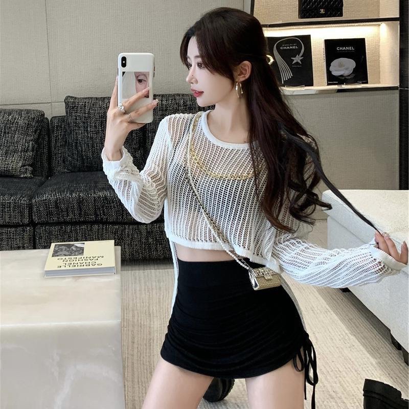 Áo lưới dài tay đi biển sexy,áo lưới trời trang xuyên thấu vạt dài