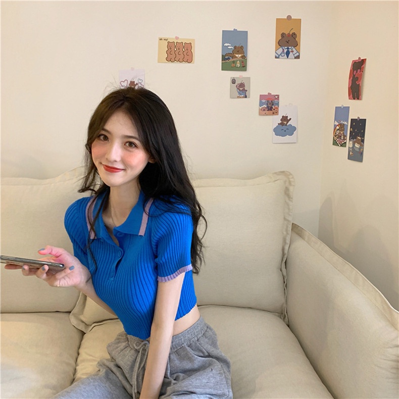 Áo len montoghi mỏng dáng croptop cổ bẻ