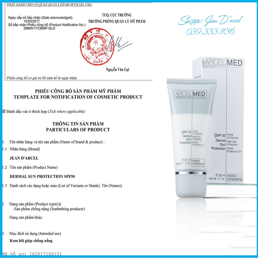 [CHÍNH HÃNG] Kem chống nắng,trắng da Jean D'arcel _ Jean Darcel Dermal Sun Protection SPF50 - J26