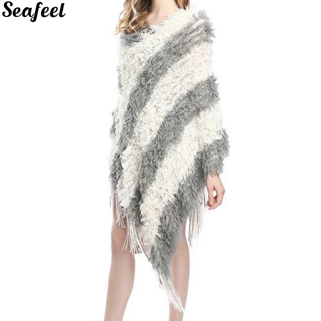 Áo choàng dệt kim phối lông ấm áp cho nữ
 | BigBuy360 - bigbuy360.vn