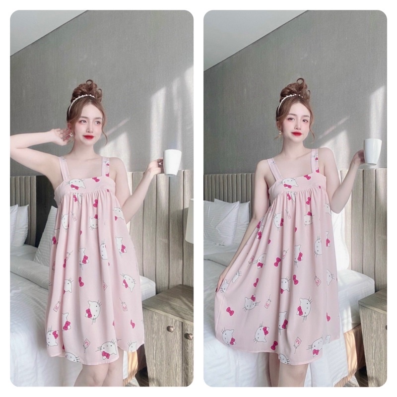 Đầm Ngủ Nữ, Đầm Ngủ Sexy 2 Dây Nữ, Lụa Mango + quần, Freesize 40_65kg, tuỳ chiều cao