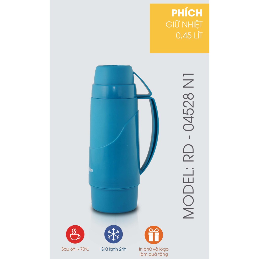 Phích giữ nhiệt (Phích du lịch) Rạng Đông 0,45 lít, nút xoay linh hoạt, nhỏ gọn, sử dụng trà, sữa, trái cây
