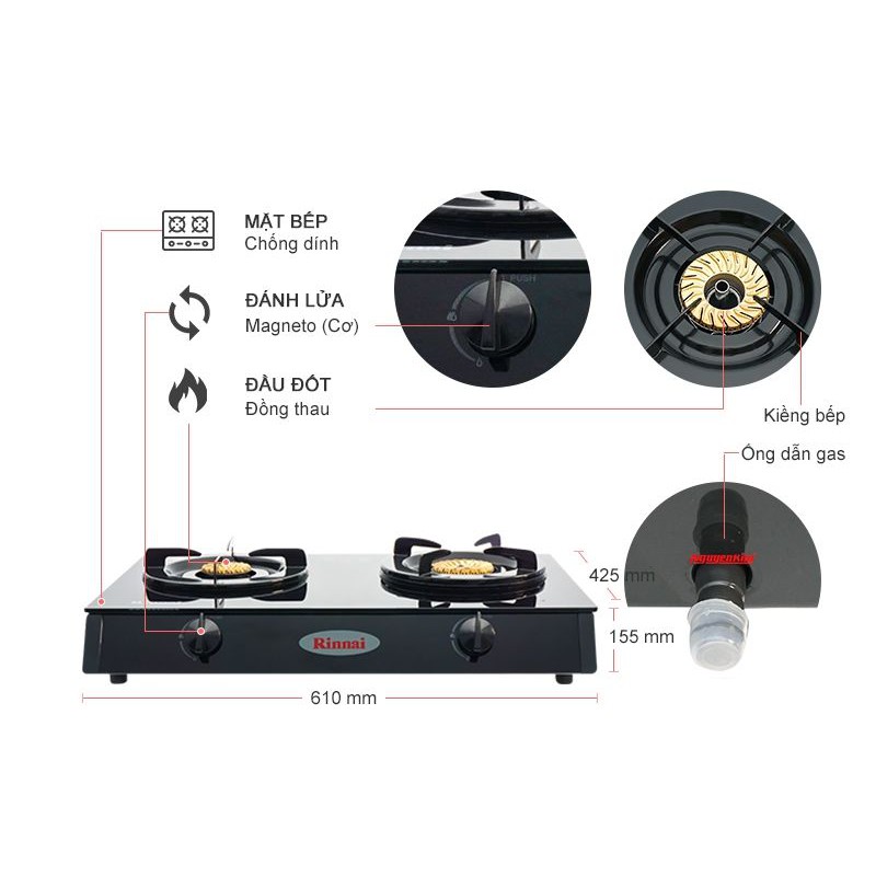 Bếp gas Rinnai RV-6DOUBLE GLASS  - Mặt kính, dài 6 tấc - có đầu hâm - Alo Bếp Xinh