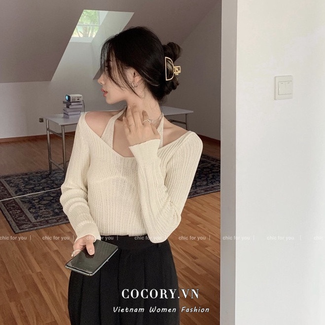 Cocory vn Áo sweater dệt kim trễ vai kiểu dáng thời trang quyến rũ với 3 màu sắc