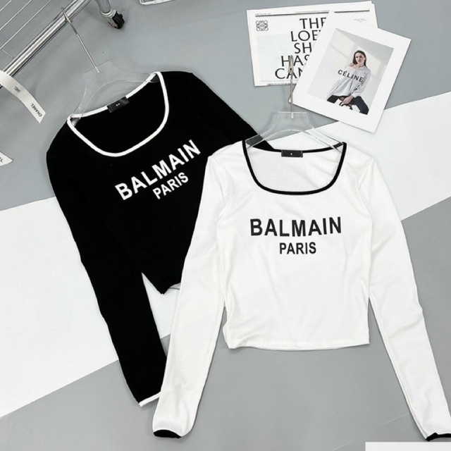 Áo thun ôm cổ vuông viền in chữ BM, Áo kiểu dài tay cổ U sexxy AK0676 - NhiNhi Shop