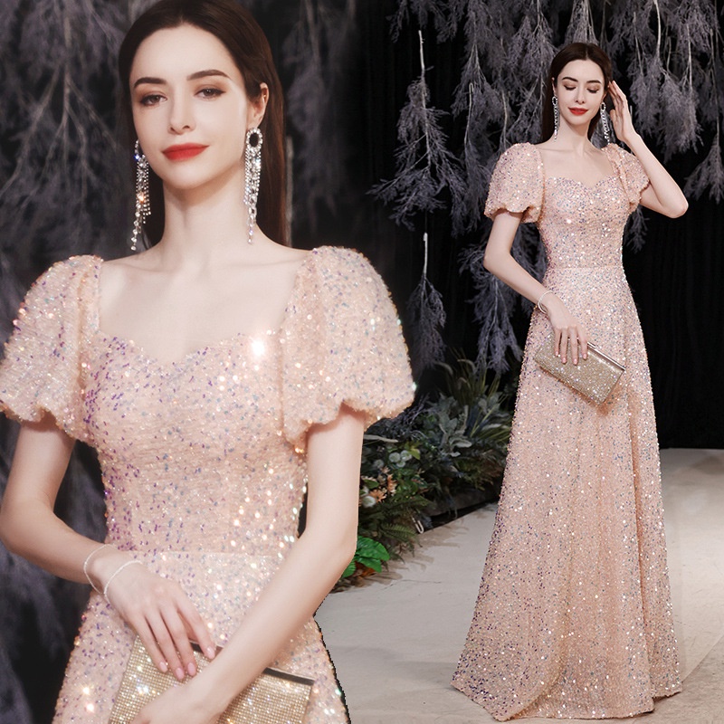 Đầm Dự Tiệc Tay Ngắn Dáng Dài Đính Kim Sa Lấp Lánh Thời Trang Sang Trọng Cho Nữ