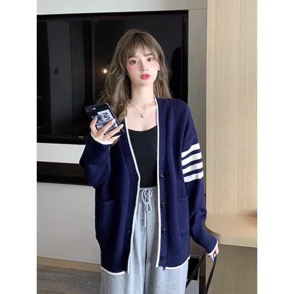 (ORDER.buiny) Áo khoác len dệt kim cardigan cài khuy phối viền sọc tay style Hàn Quốc cá tính (HÀNG_MỚI) | BigBuy360 - bigbuy360.vn