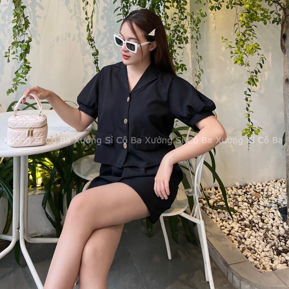 Set 2 món tiểu thư áo croptop có cổ tay phồng phối quần short đùi siêu xinh, 2 màu đen và hồng- Xưởng sỉ COBA