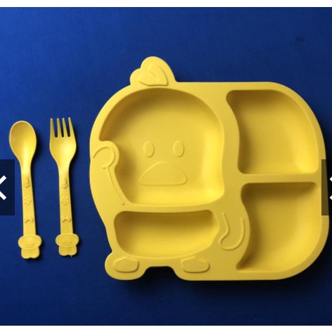 Combo Khay Ăn Dặm Cho Bé + Cốc Uống Nước + Bát Ăn Dặm Kèm Thìa Dĩa Hình Vịt Vàng Đáng Yêu Giúp Trẻ Em Tập Ăn BLW 4 Ngăn