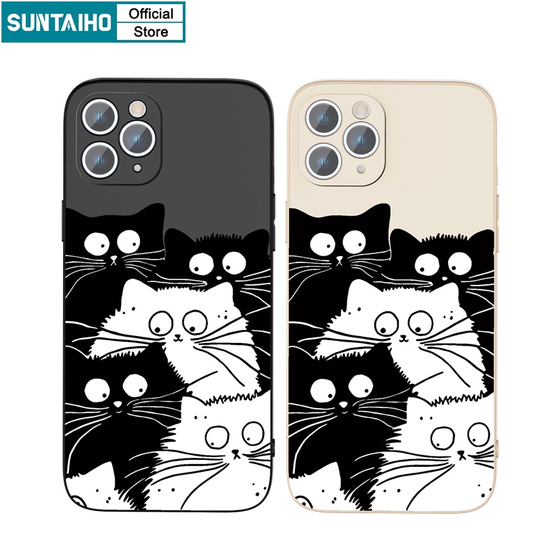 Ốp lưng iphone Ốp điện thoại Suntaiho silicon mềm hình mèo trắng đen cho iPhone 13 12 11 Pro Max X XR Xs Max 7 8 Plus 12mini 13mini