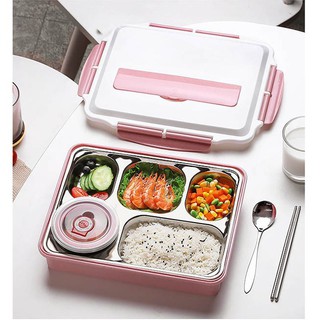 Hộp Khay Cơm Phần Giữ Nhiệt 5 Ngăn Inox (Tặng Kèm Đũa+Muỗng Inox)
