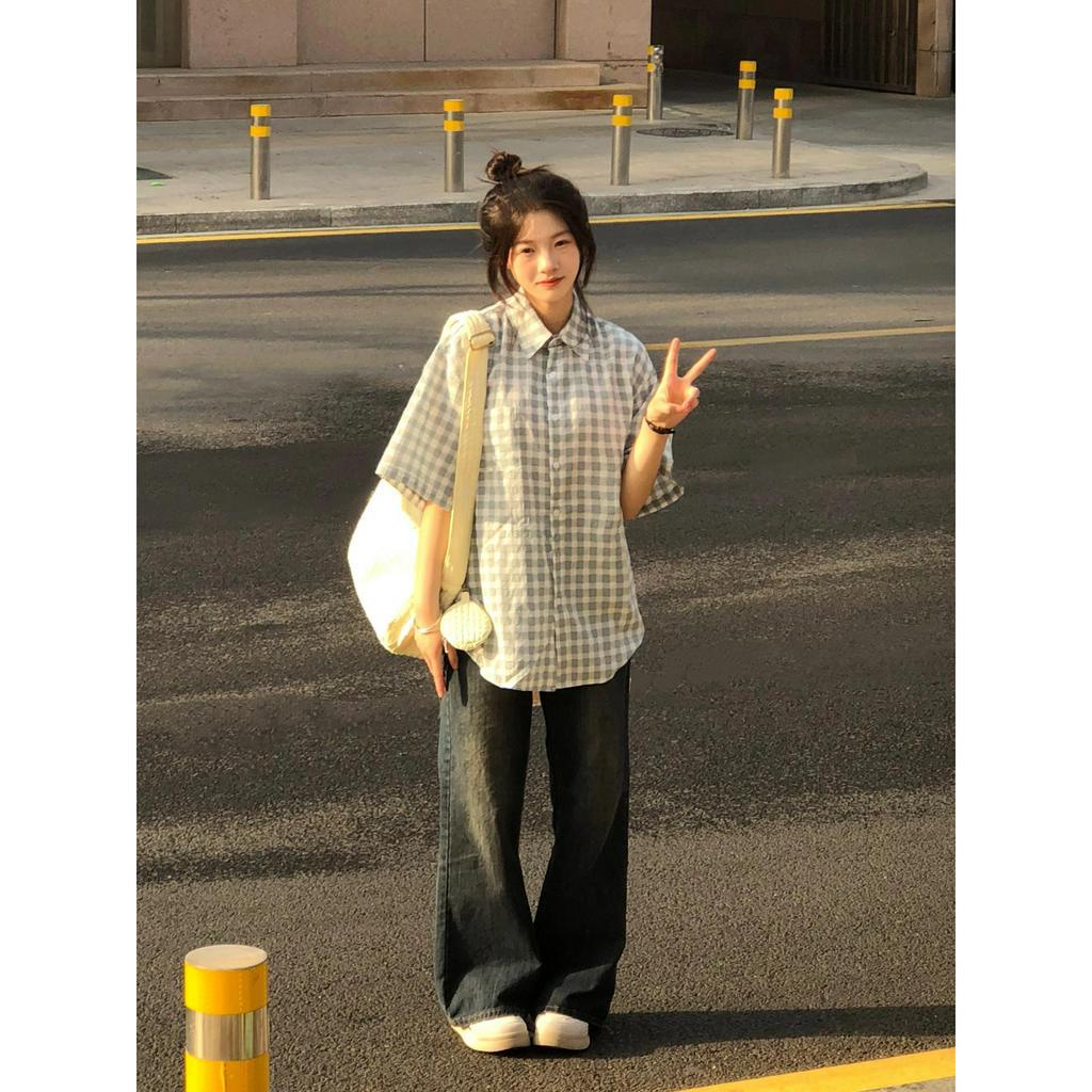 Ethelgirl Áo Sơ Mi Ngắn Tay Họa Tiết Ca Rô Thời Trang Dành Cho Nữ
