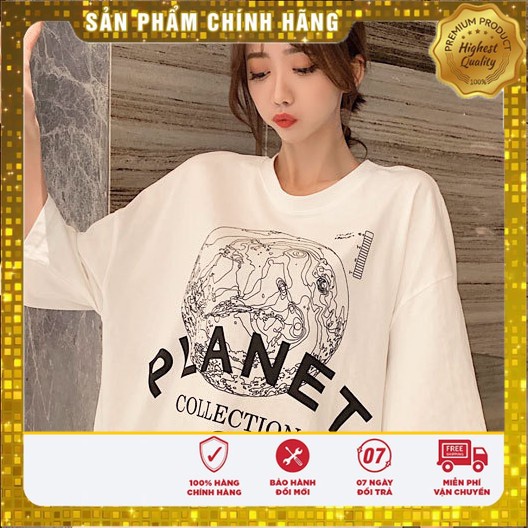 Áo Thun Cotton Tay Lỡ PLANET Trắng Nữ Tính