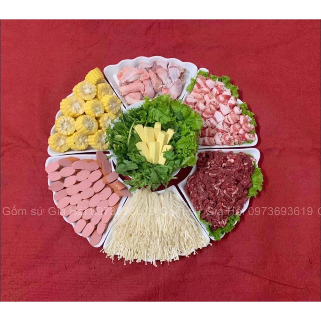 Set đĩa mặt trời 6 cánh hoa sứ Bát Tràng