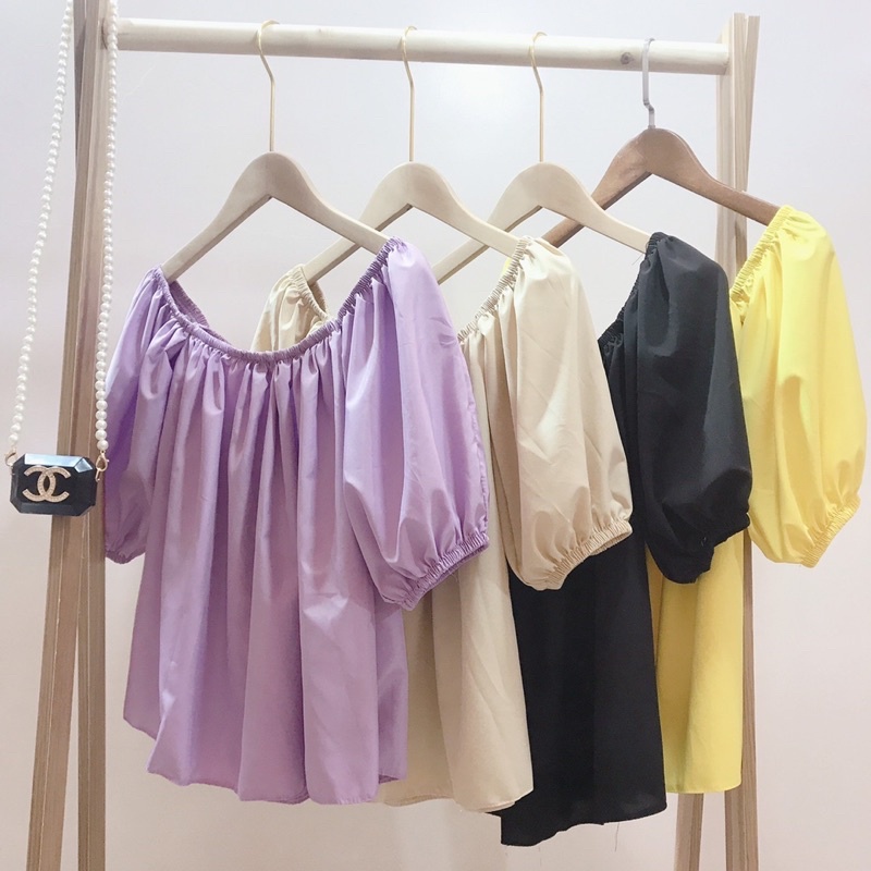 Áo trễ vai cổ vuông chun dáng xoè Áo bệt vai chất thô lụa mặc 2 kiểu