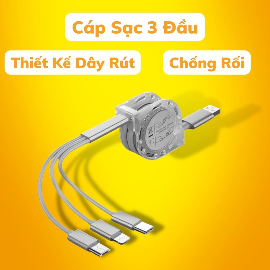Dây Cáp 3 đầu đa năng dạng rút 3in1 Thông Minh Với Ba Cổng Tiện Thiết Kế Chống Rối Sạc Siêu Nhanh Kho Sỉ Sài Thành