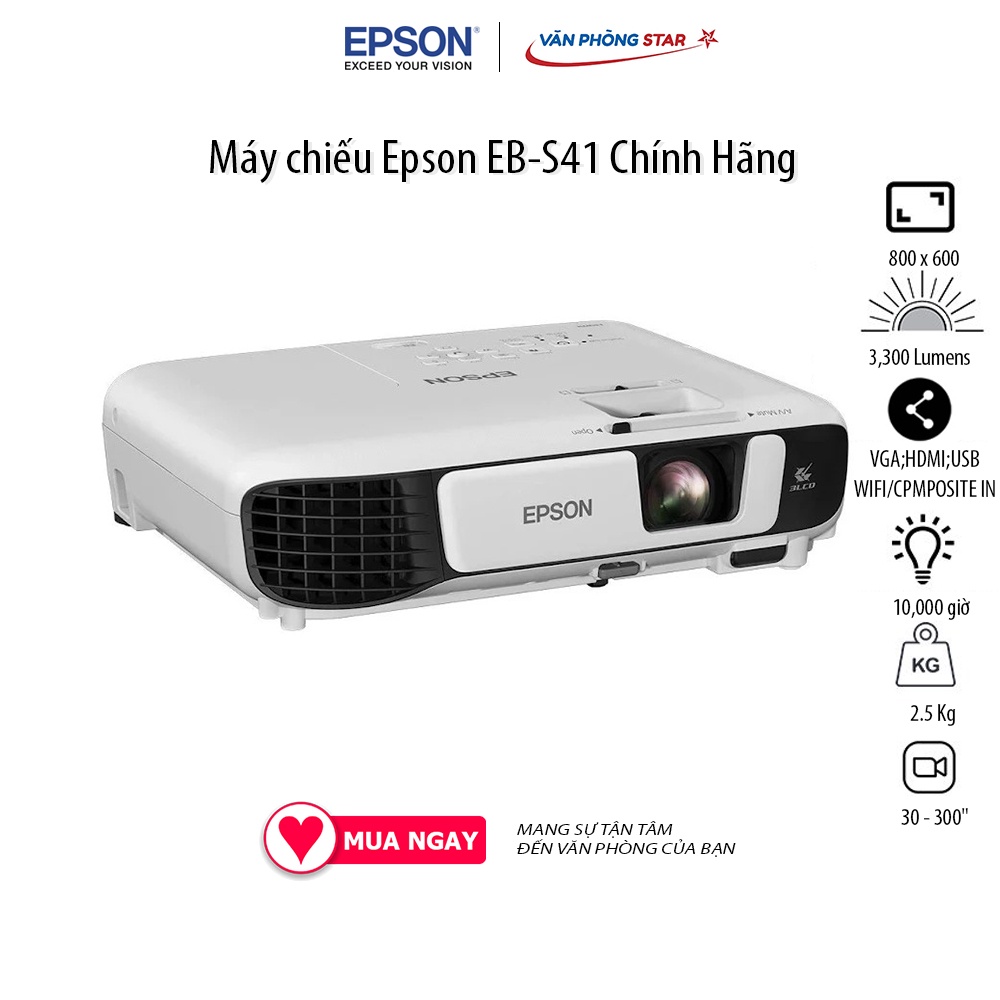 Máy chiếu Epson EB-S41 Chính Hãng. Độ phân giải: SVGA (800x600). Độ sáng: 3300 Ansi Lumens. Tuổi thọ 10000h