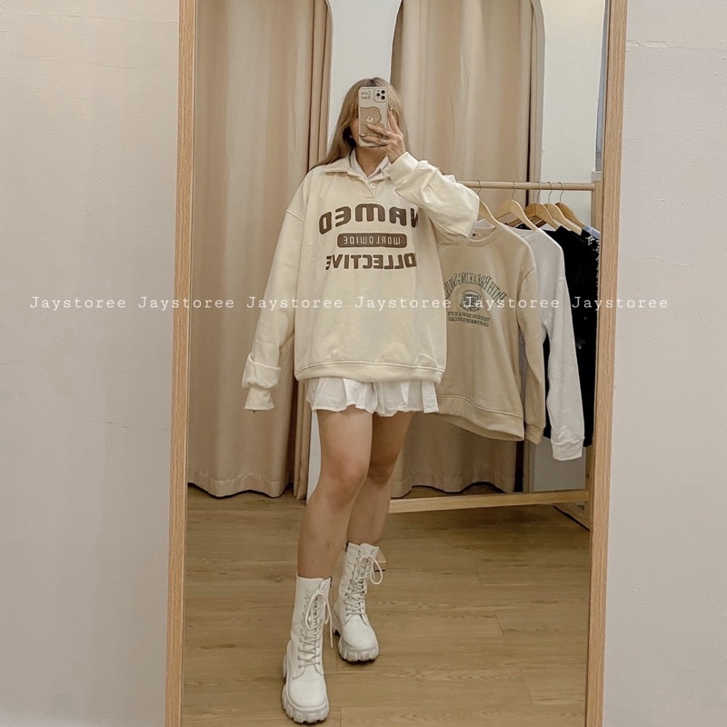 Áo sweater cổ polo NAMED màu KEM form rộng/Nam nữ unisex 🖤 Áo Sweater có cổ Jaystoree