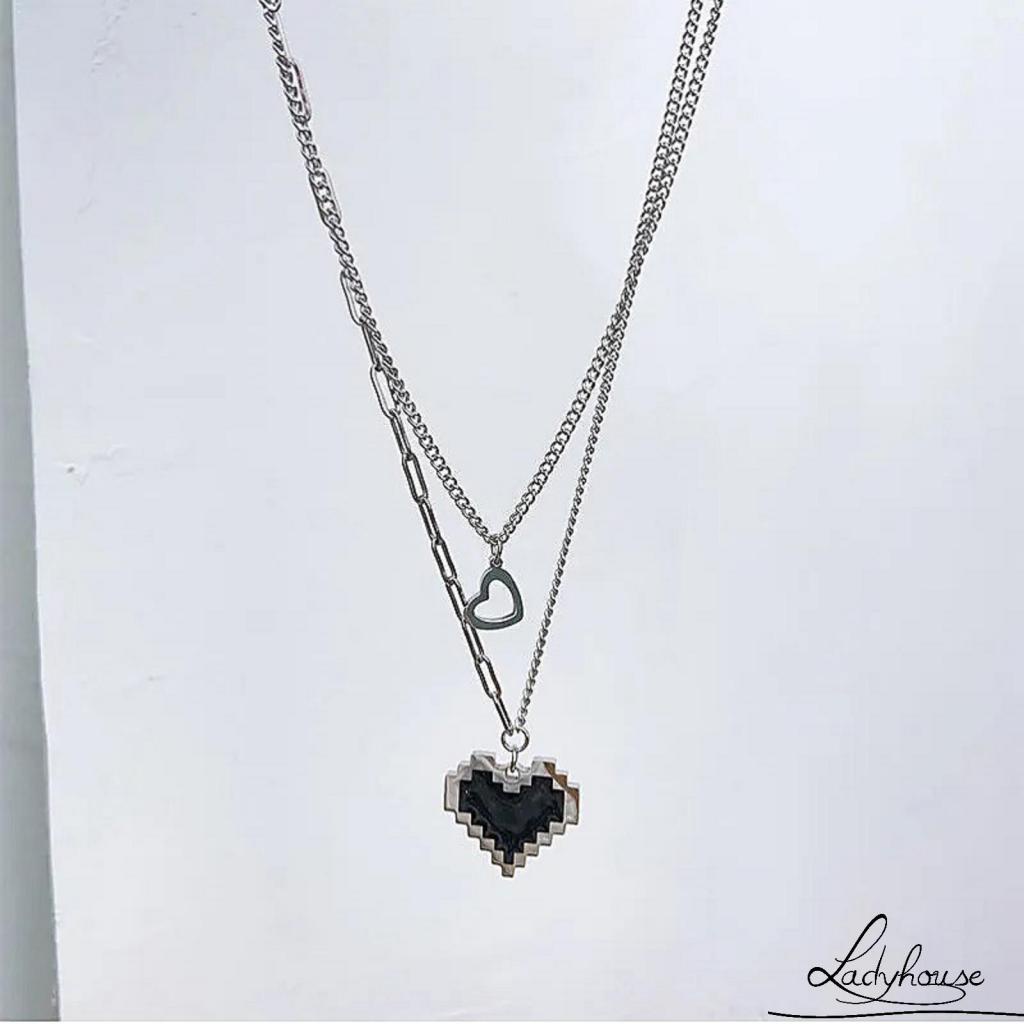 Vòng Cổ Mặt Khảm Hình Trái Tim Màu Đen Phong Cách Hip Hop Hai Lớp Dành Cho Nữ