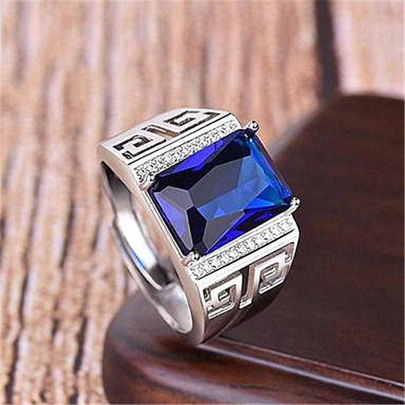 Nhẫn bạc S925 thép titan đính kim cương sapphire xanh lam thanh lịch