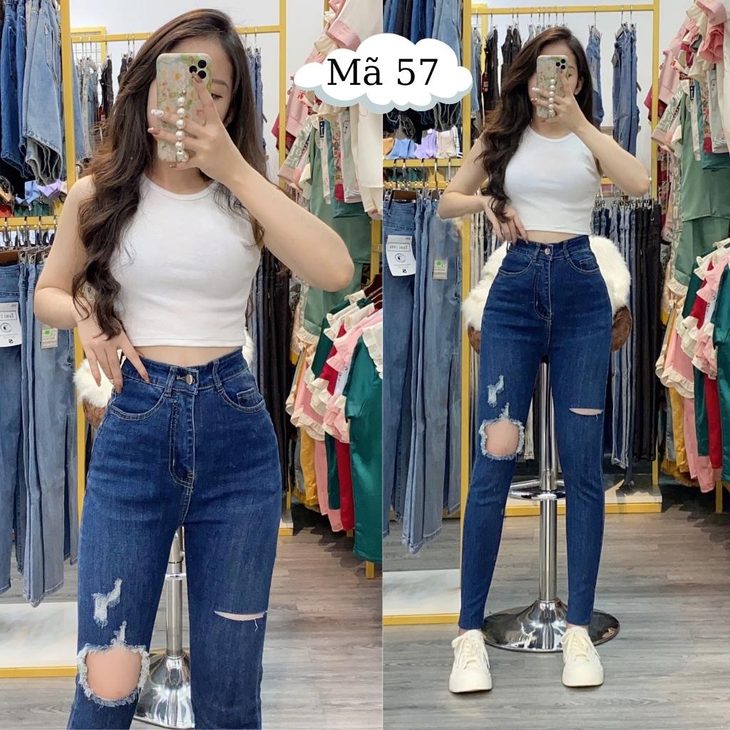 Quần jean nữ lưng cao rách VNXK Skinny tôn dáng eo thon đẹp , quần bò nữ cạp cao jeans màu xanh dài dáng ôm_JEANS57