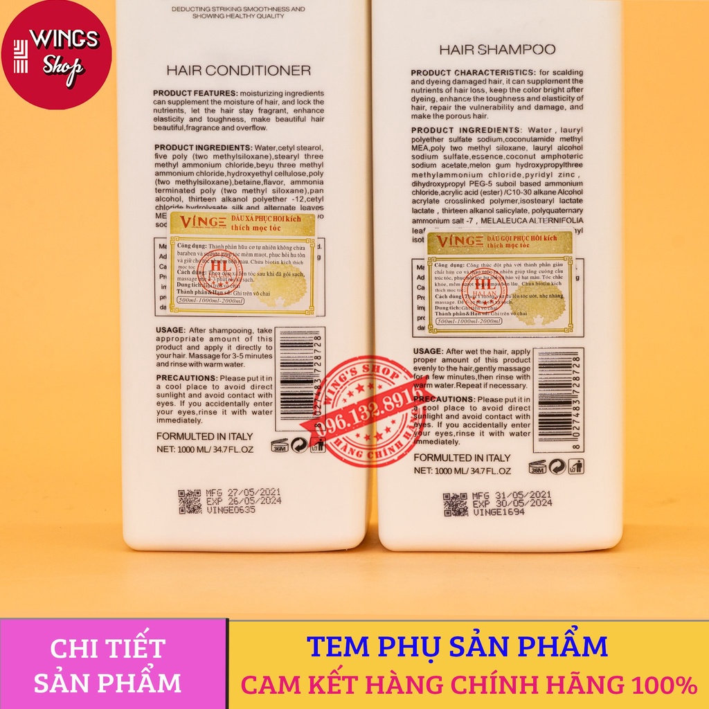 Cặp Dầu Gội Xả Collagen Vinge 1000ML| Ngăn Rụng Tóc,Giảm Rụng Tóc,Phục Hồi Tóc Hư Tổn | Hàng Chính Hãng Ý