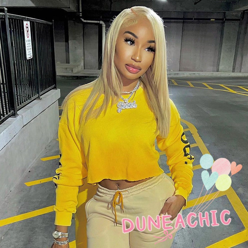 DUNEA Áo Nỉ Dài Tay Cổ Tròn Form Rộng In Chữ Phong Cách Đường Phố