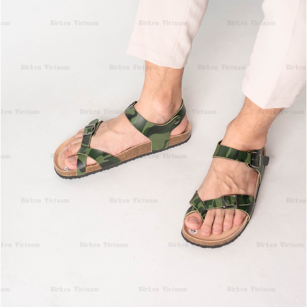 Mã R14 Sandal ĐẾ TRẤU Da PU Camo Rằn Ri Quai Chéo Xỏ Ngón Unisex Birken Vietnam Bioline