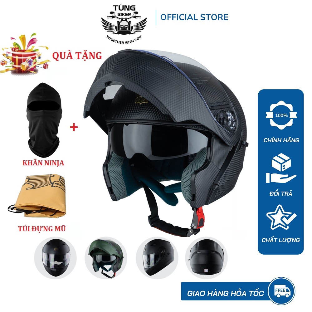 Mũ Bảo Hiểm Fullface Royal M179 Vân Carbon Mũ Lật Cằm 2 Kính (Tặng Khăn Trùm Ninja + Túi)
