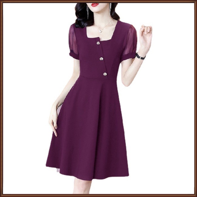 Đầm Tay Ngắn Cổ Vuông Màu Sắc Trơn Thời Trang Dành Cho Nữ