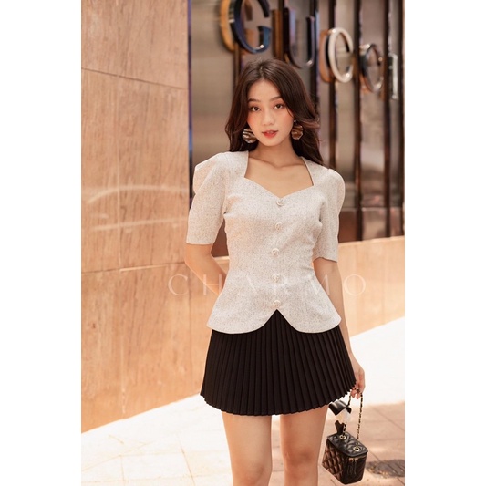 Áo kiểu cổ tim CHARMO dáng peplum vải cotton Lily Button Top