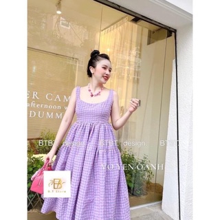 Váy kẻ tím bbd 2 dây dáng xoè dài