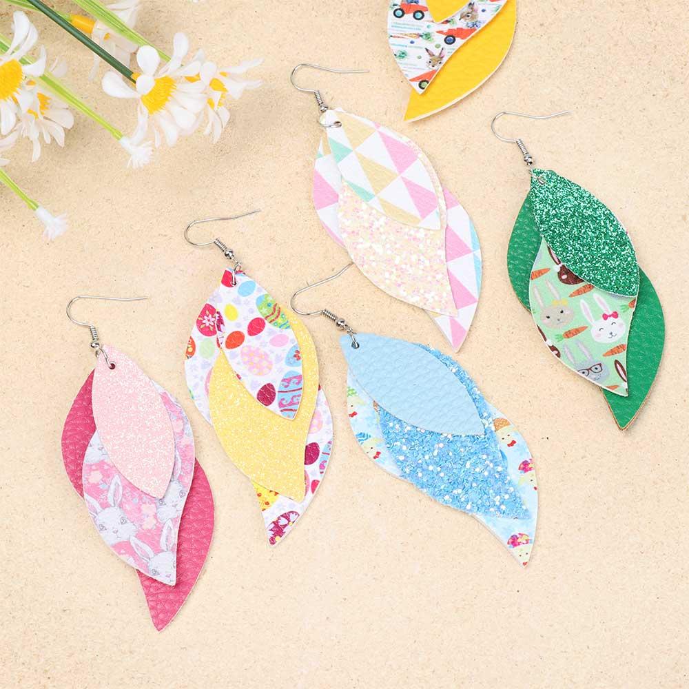 Bsuns Bông Tai Lễ Phục Sinh Dáng Dài Ba Lớp Giả Da Đính Kim Sa Hình Chiếc Lá
