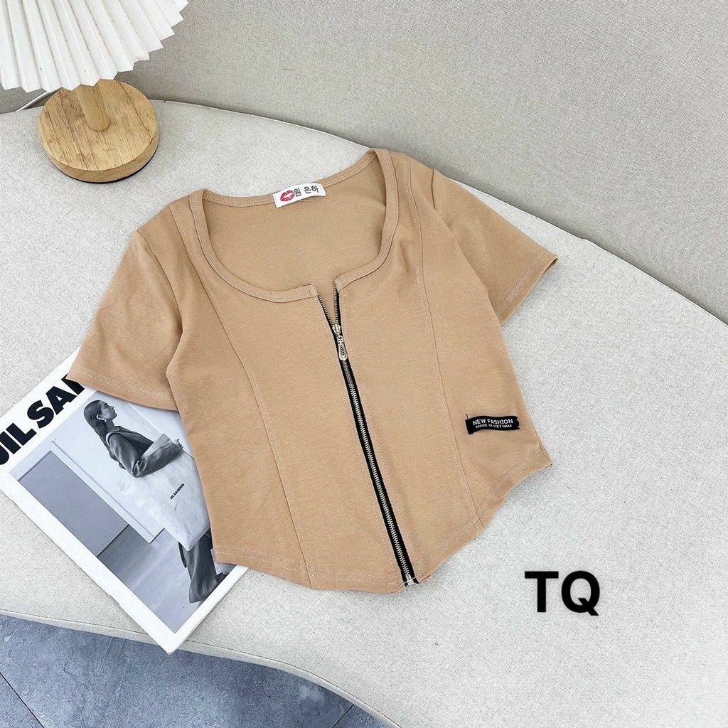 Áo thun cổ tròn khoá kéo ngực_áo kiểu sexy chất thun bozip mềm mịn | BigBuy360 - bigbuy360.vn