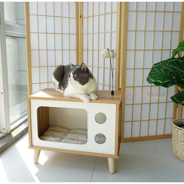 Nhà gỗ cho mèo hình hộp chất liệu gỗ Plywood