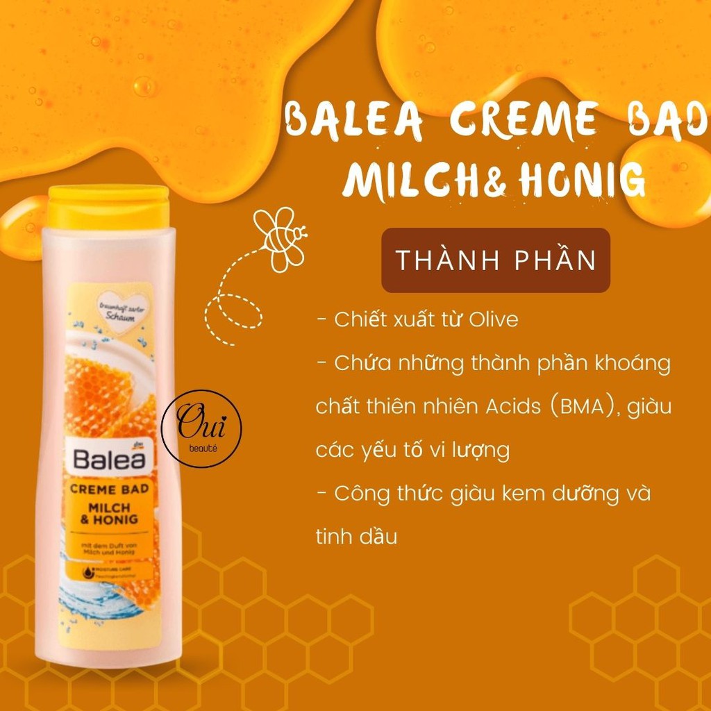 Sữa tắm dưỡng ẩm Balea Creme Bad Milch&amp;Honig, sữa tắm thế hệ mới hương sữa và mật ong 750ml Ouibeaute