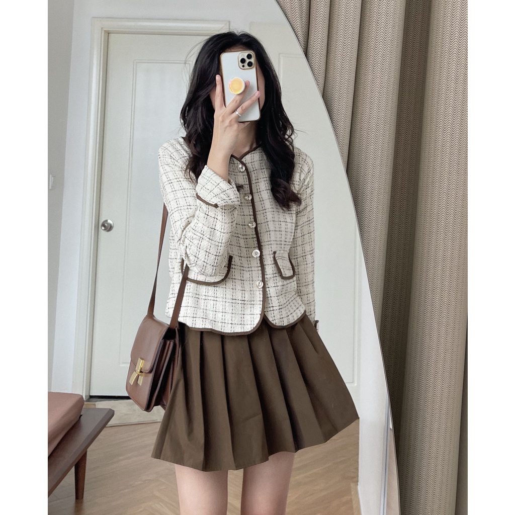 (ảnh thật) Audrey Set khoác dạ tweed viền mix chân váy xếp li 538