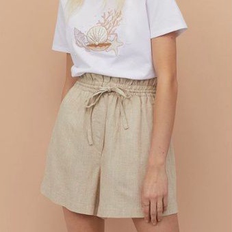 Quần short ngắn H&M xuất xịn lưng cao linen đũi lưng thun thắt nơ màu vàng kem, xanh da trời
