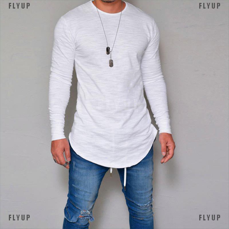 「FLYUP」Mens Gym T Shirt Longline Slim Fit Muscle Long Sleeve Curved Hem Tee Tops Casual | BigBuy360 - bigbuy360.vn