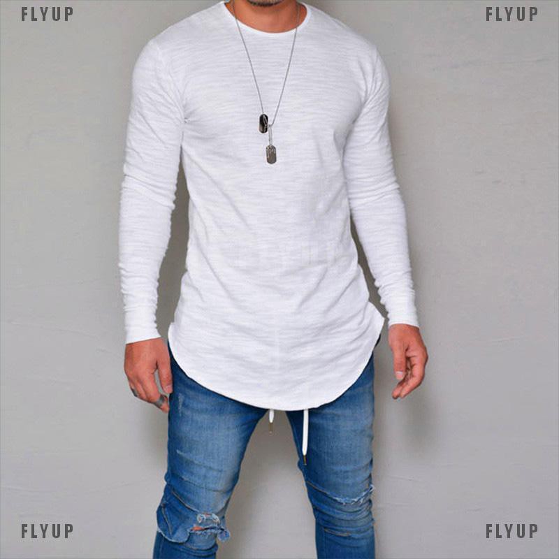 「FLYUP」Mens Gym T Shirt Longline Slim Fit Muscle Long Sleeve Curved Hem Tee Tops Casual