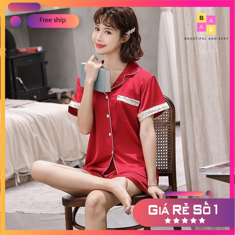 Bộ pijama cộc tay quần đùi phi lụa mát mẻ, bộ đồ ngủ lụa đùi phối họa tiết viền chữ kí BAS087 | BigBuy360 - bigbuy360.vn