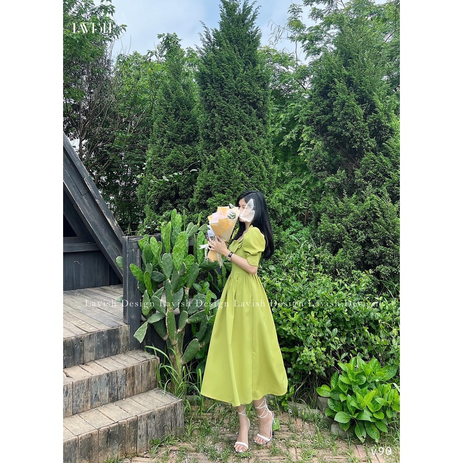 ĐẦM MIDI 2 DÂY CỘT VAI DÚM TAY XẾP