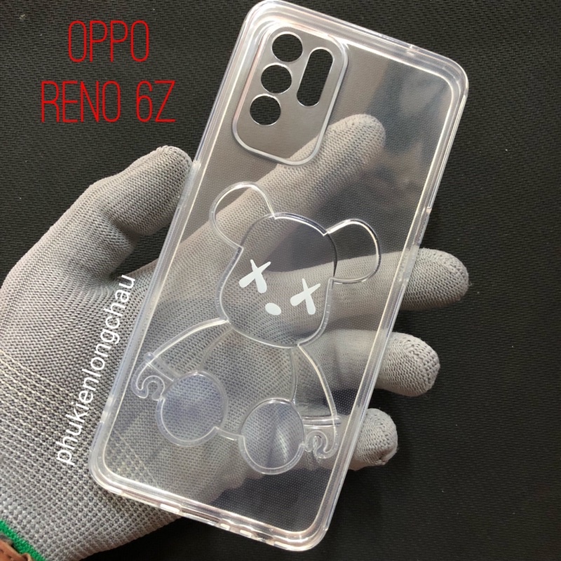 Ốp Lưng Oppo Reno 6Z 5G Gấu Bearbrick Nổi 3D Dẻo Trong Cạnh Vuông