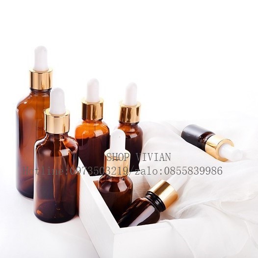 Chai lọ đựng tinh dầu 50ml, lọ thuỷ tinh nâu nắp bóp nhôm vàng