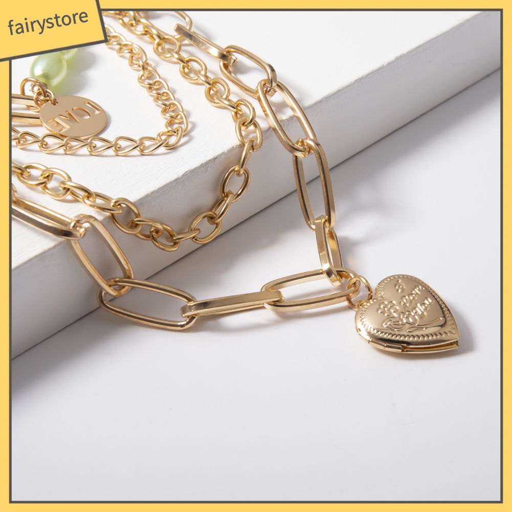 Dây Chuyền Nhiều Lớp Mặt Hình Trái Tim Đính Ngọc Trai Nhân Tạo