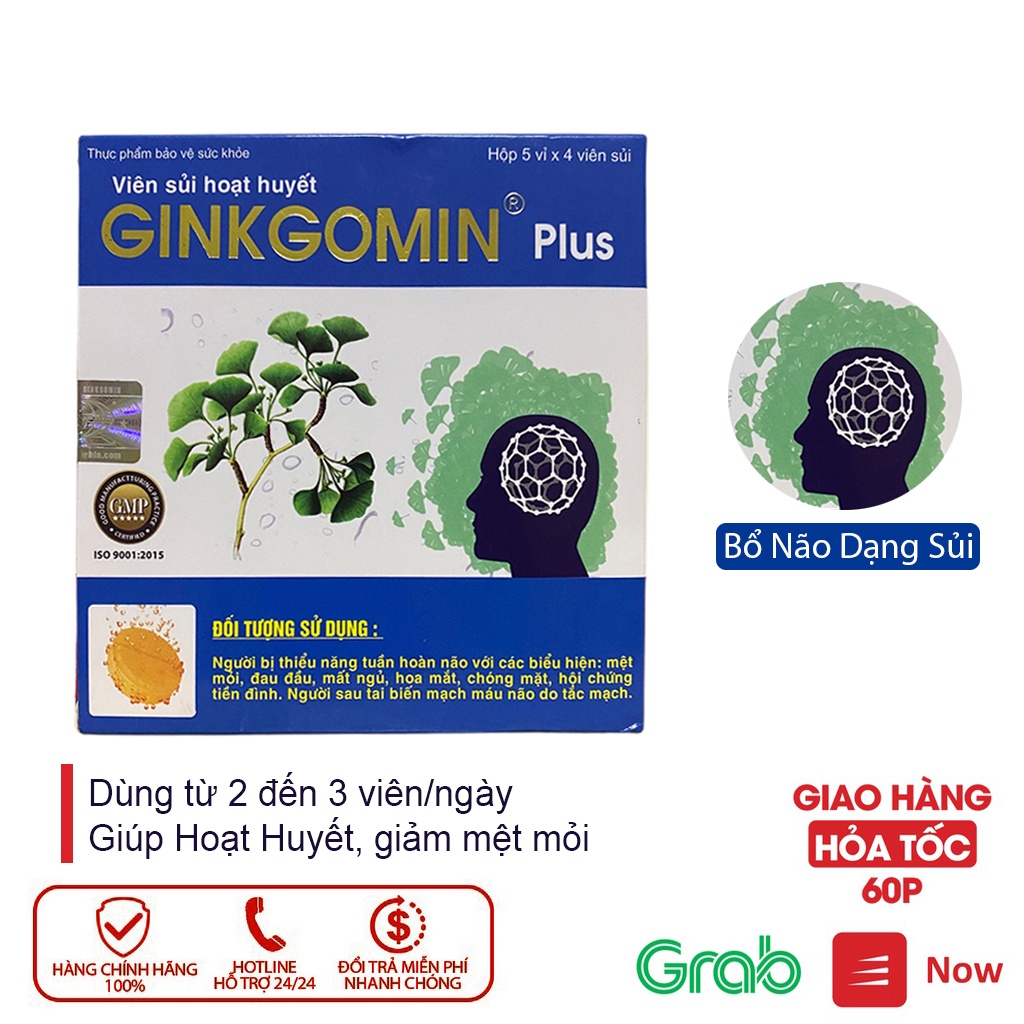 Hoạt huyết Ginkgomin Plus Dạng Sủi Hộp 20 Viên - Giảm Đau Đầu, Căng Thẳng Từ Ginkgo Biloba, Giảo Cổ Lam và magie