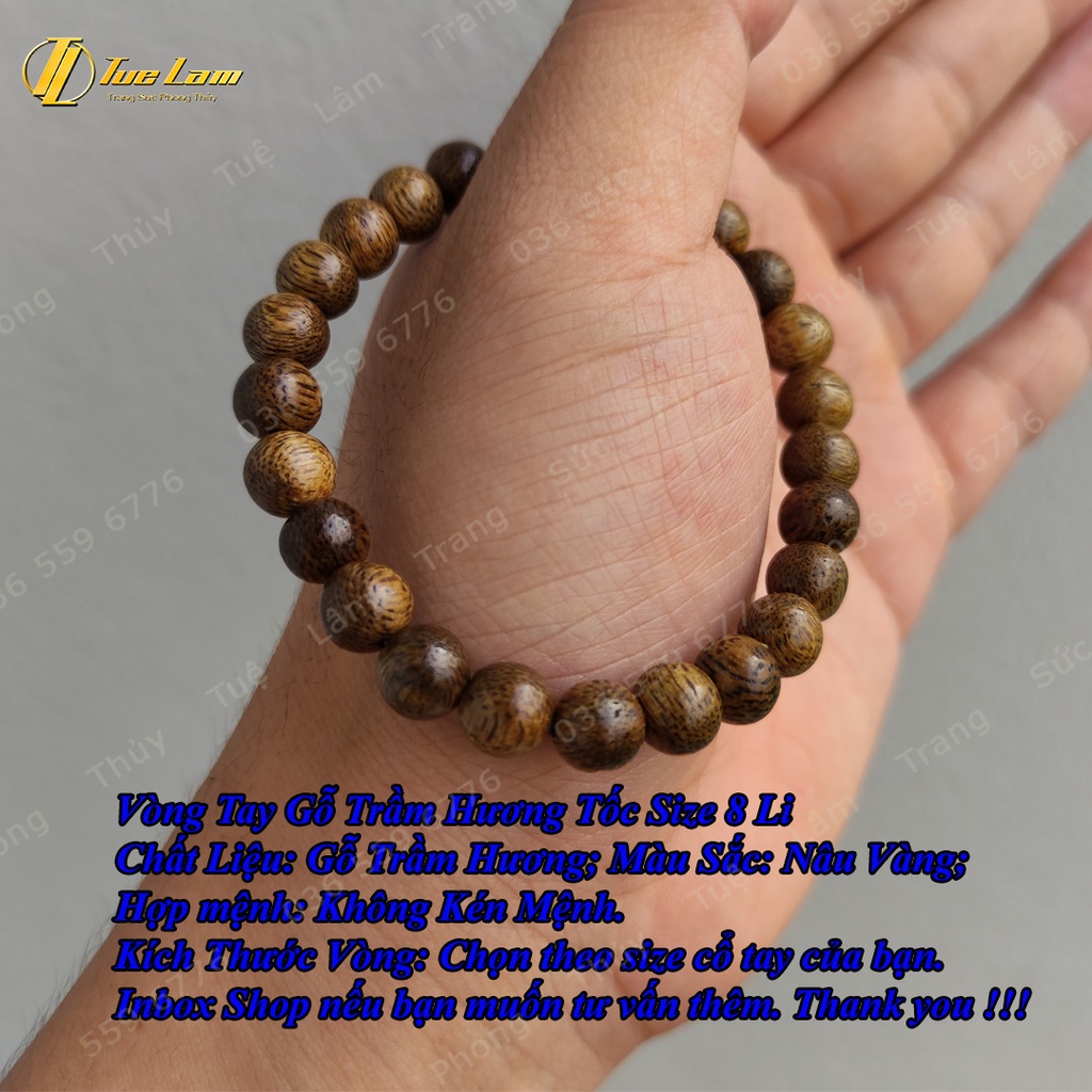 Vòng tay gỗ trầm hương tốc vườn size hạt 8 li thơm dịu nhẹ, bình an, may mắn - Tuệ Lâm